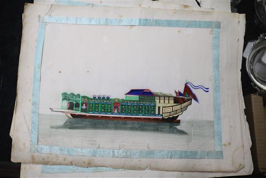 Seven 19th century Chinese pith paintings, five depicting junk boats and two flowers